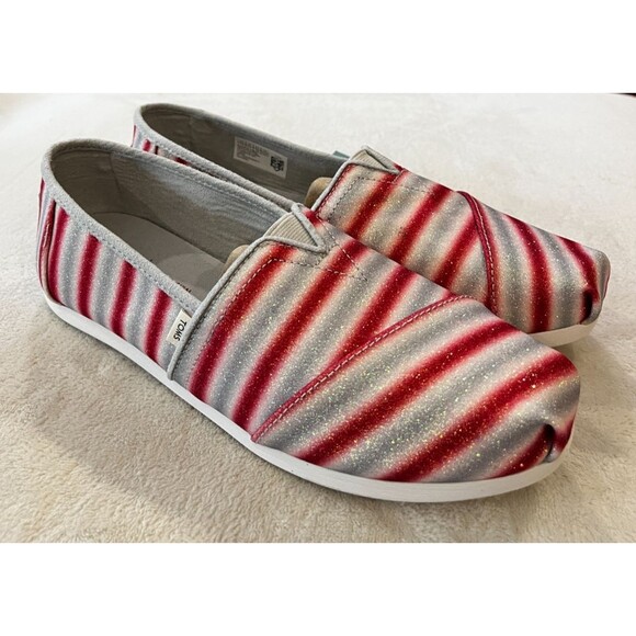 Women's Toms NEW size 7.5 Red/White Holiday Candy Cane Print Glitter Slip On - Picture 6 of 10